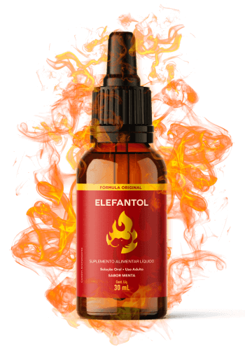 Frasco do suplemento de desempenho masculino Elefantol Original cercado por efeitos visuais de chamas e fogo, destacando o produto oficial para aumento da virilidade, vigor físico e energia masculina.
